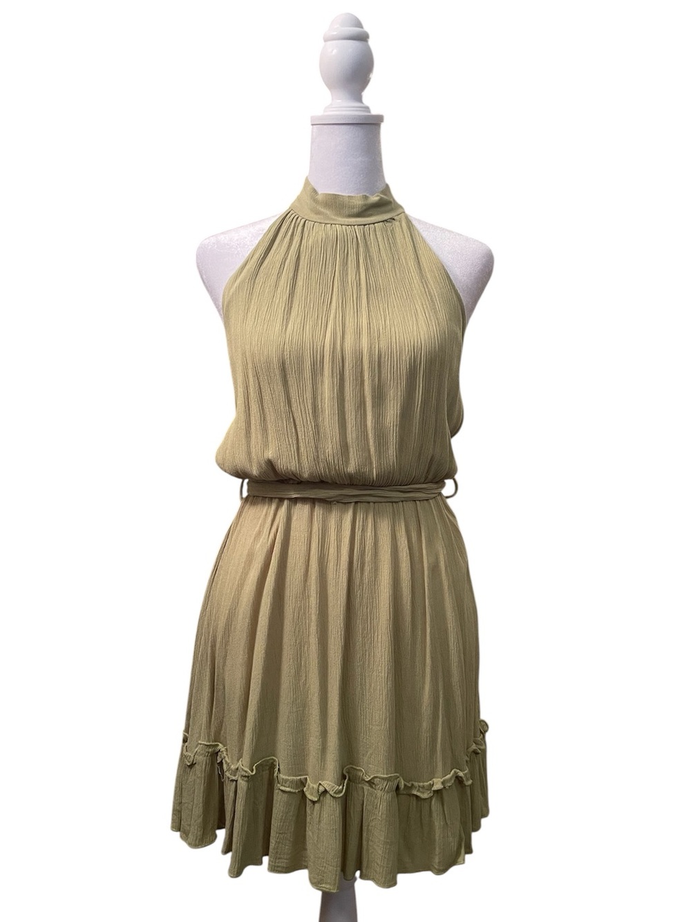 Sleeveless Halter Olive/ Sage Green Ruffled Hem Dress w Tie keyhole back Sz M